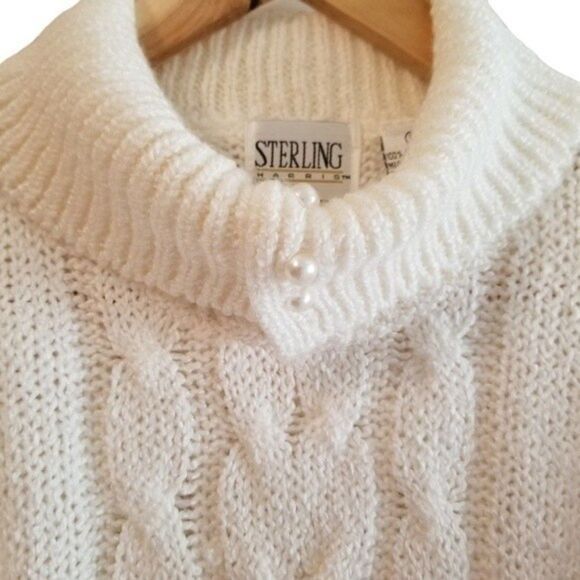Sterling Harris Turtleneck Cable Knit Pearl Detail Ivory Sweater Small 6 0072 - Picture 2 of 7